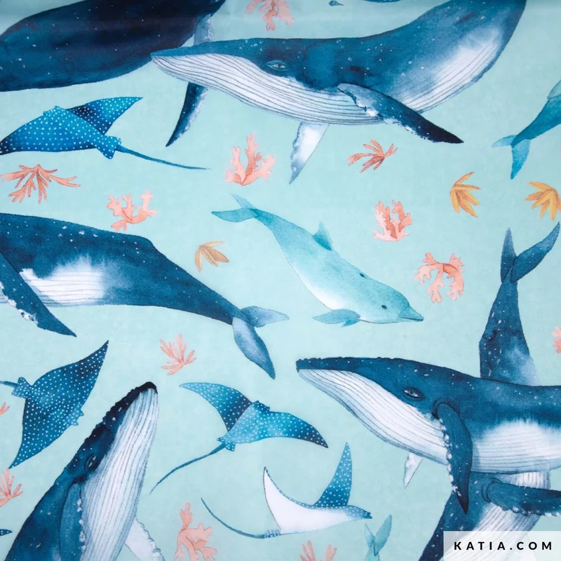 Tessuto Cover Fabric Print 50gr Whales & Sea Katia Fabrics