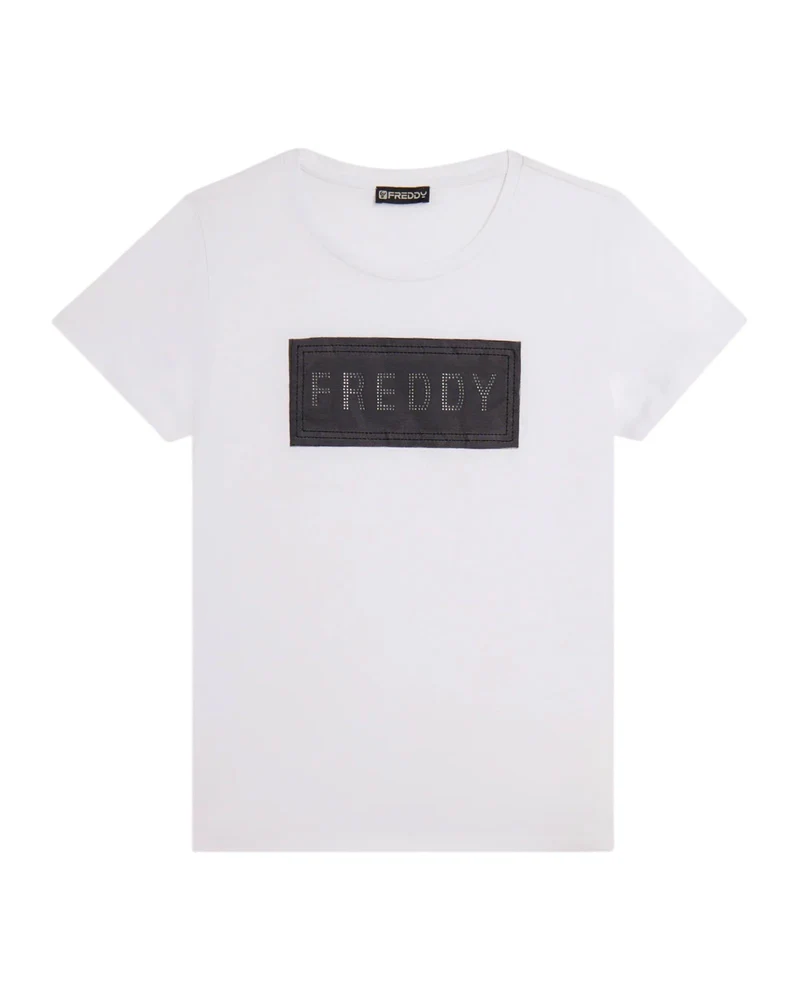 T-Shirt con Strass e Inserto in Mesh - White