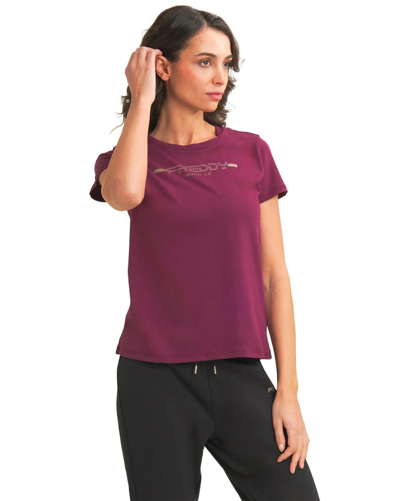 T-shirt Con Strass E Banda Logata Sulle Spalle Donna